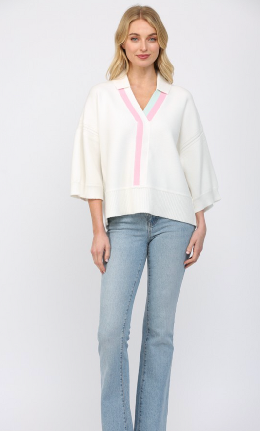 Striped V Neck 3/4 Sleeve Sweater