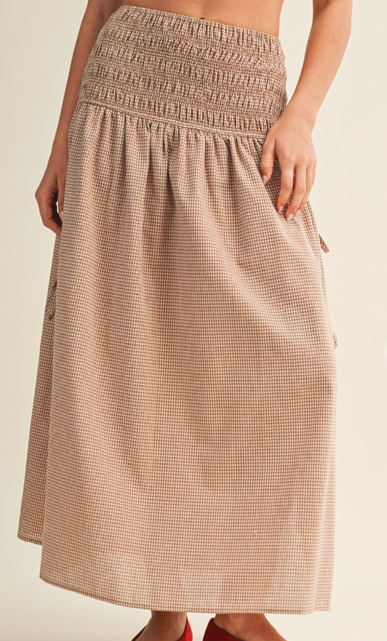Gingham Smocked Waist Midi Skirt