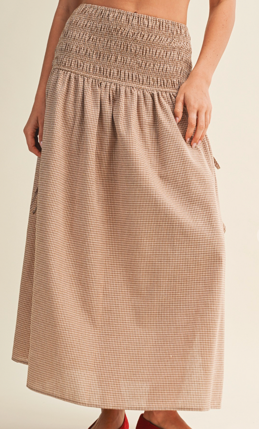 Gingham Smocked Waist Midi Skirt