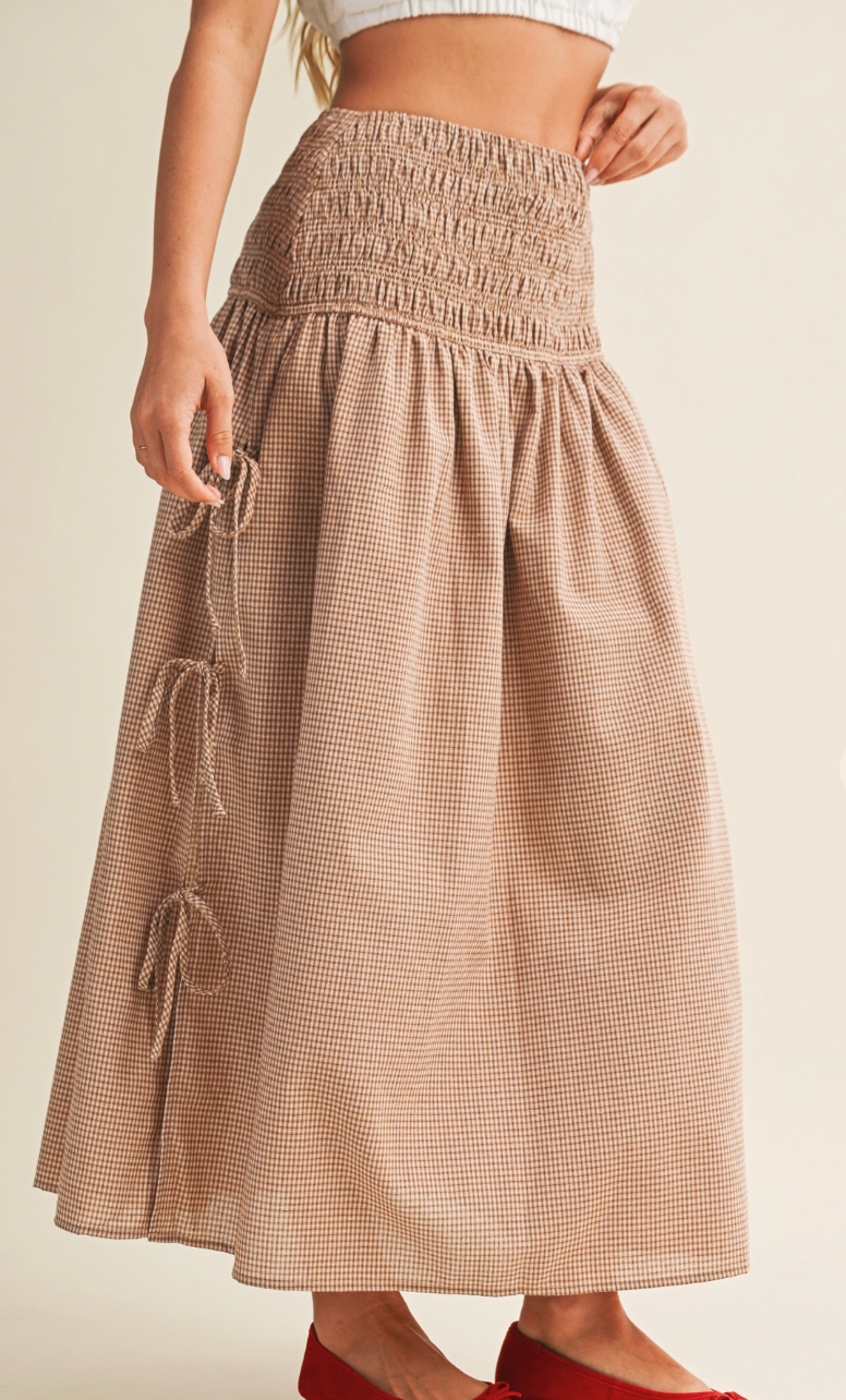 Gingham Smocked Waist Midi Skirt