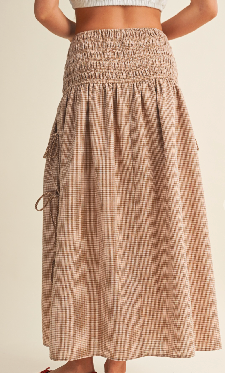 Gingham Smocked Waist Midi Skirt