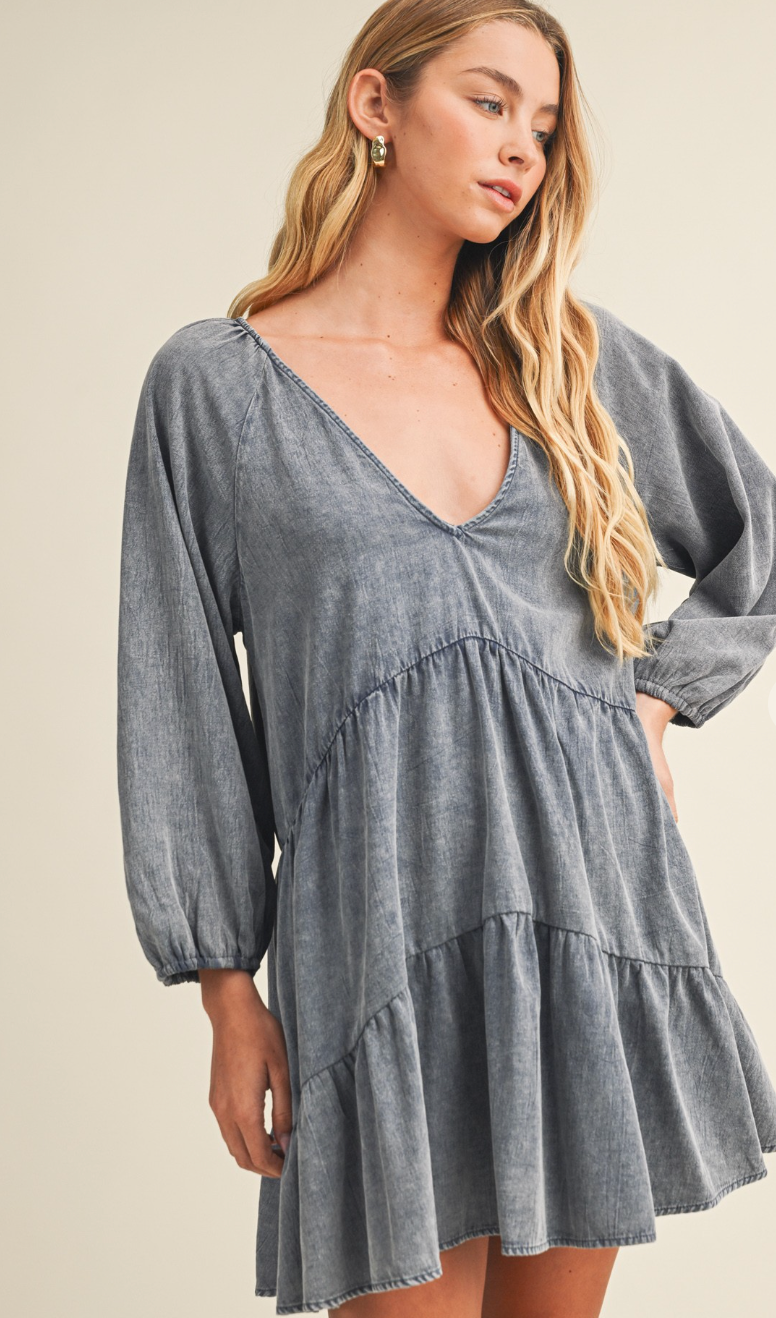 V Neck Washed Tiered Dress