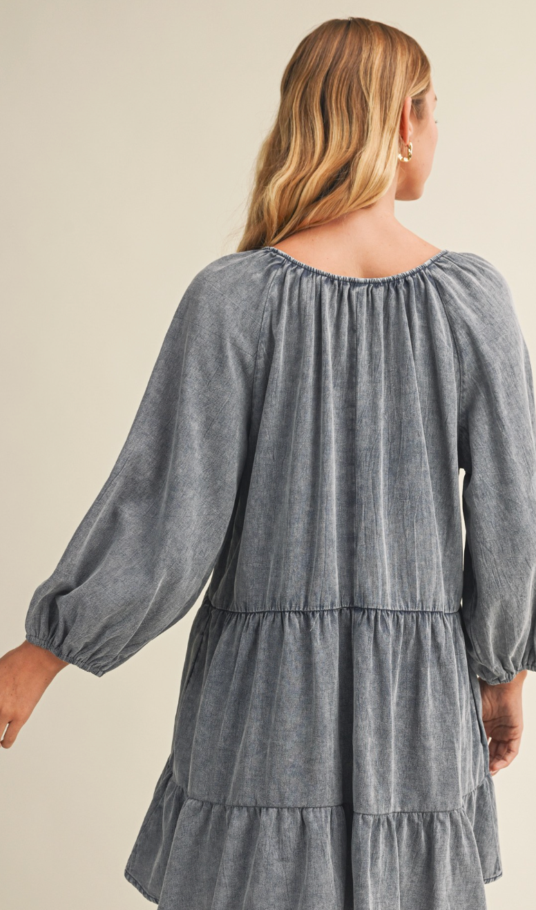 V Neck Washed Tiered Dress