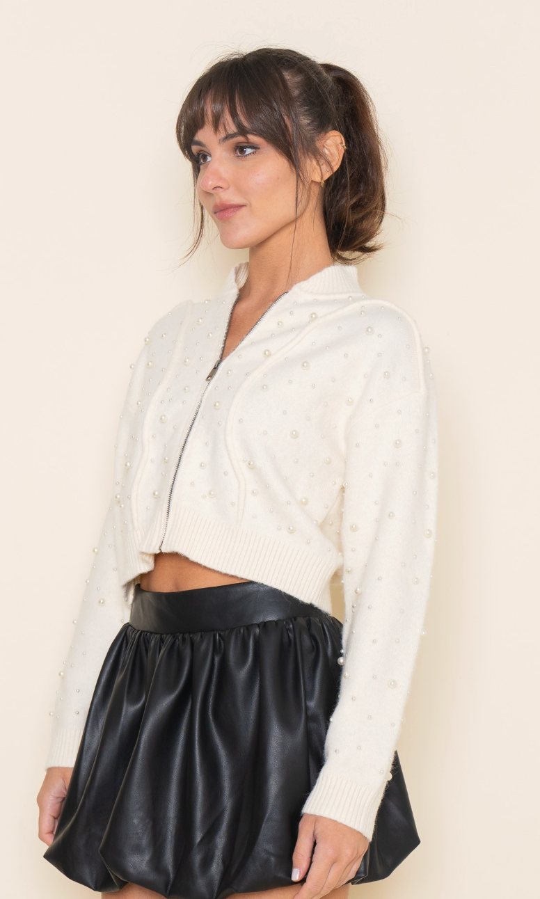 Pearl Detail Knit Bomber Jacket