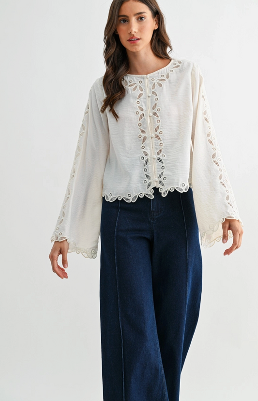 Embroidered Lace Button Up Blouse