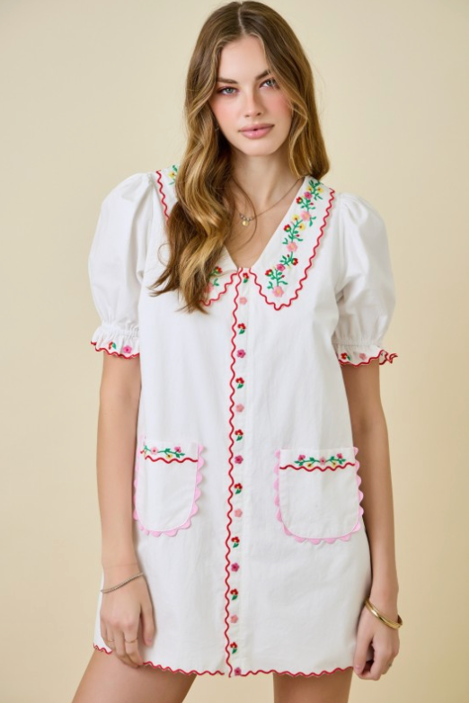 Flower Embroidered Mini Dress With Scallops
