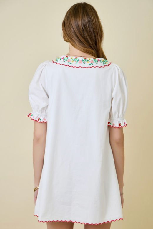 Flower Embroidered Mini Dress With Scallops