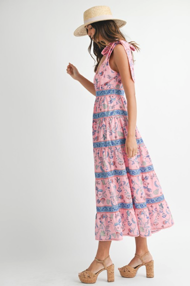 Floral Print Tiered Midi Dress With Shoulder Tie