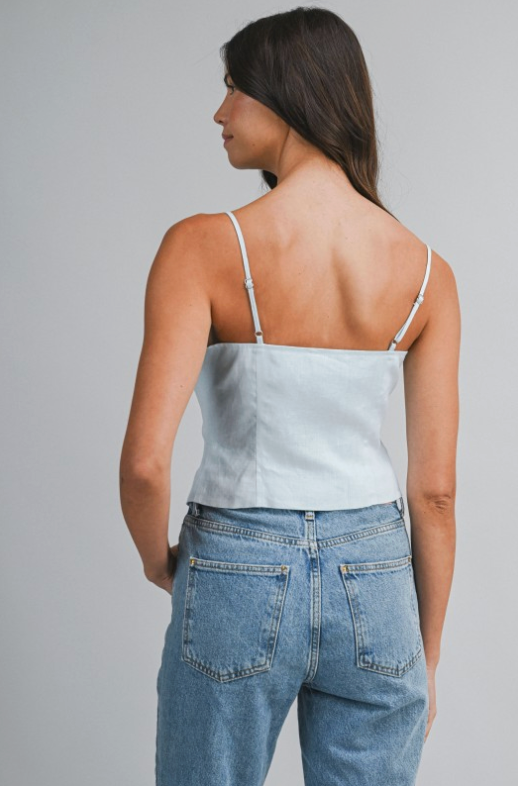 Linen Button Front Cami Top With Front Tie Detail