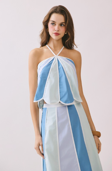 Color Block Scalloped Edges Detail Halter Top