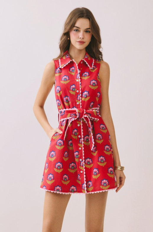 Floral Print Contrast Scalloped Trim Detail Dress