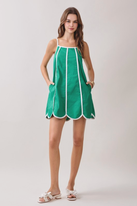 Contrast Trims Detail Scalloped Hem Mini Dress