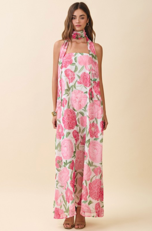 Strapless Floral Maxi Dress With Convertible Scarf