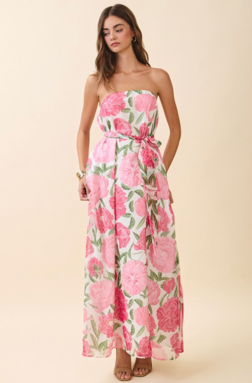 Strapless Floral Maxi Dress With Convertible Scarf