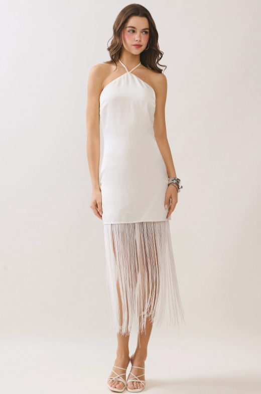 Dramatic Long Fringe Detail Halter Neck Midi Dress