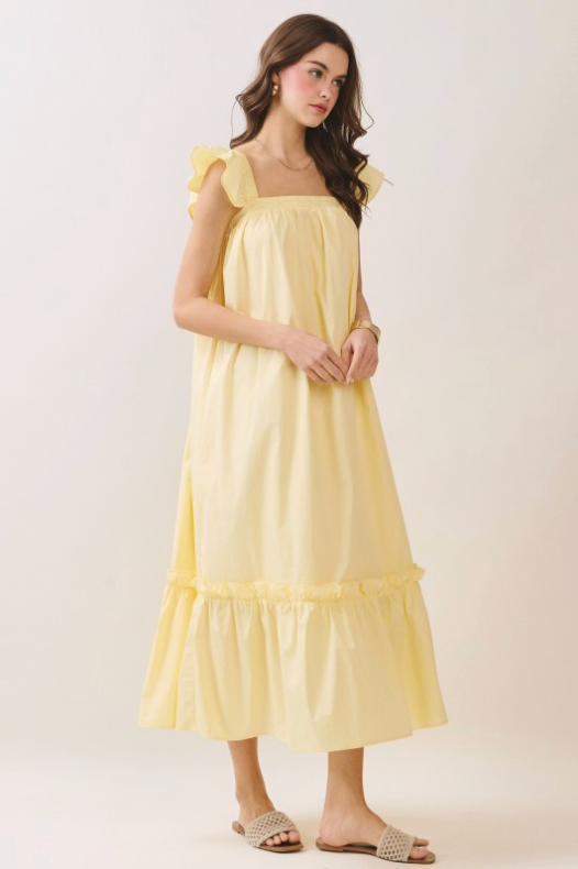 Ruffled Cap Sleeve Square Neckline Midi Dress