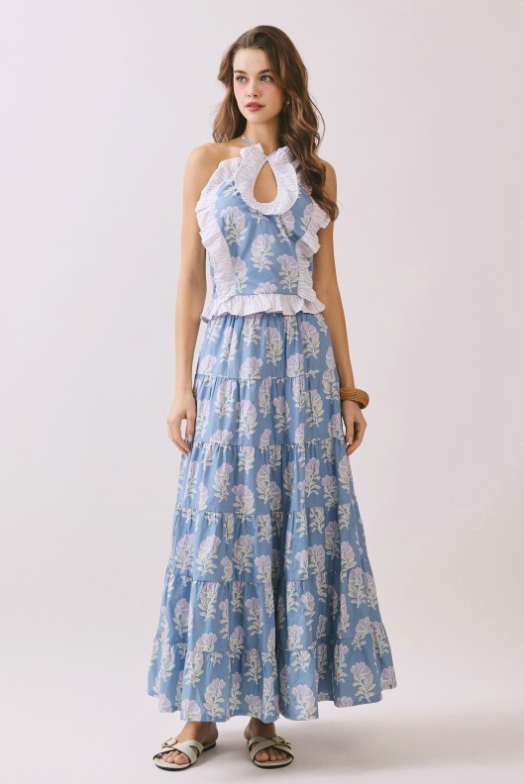 Floral Print Keyhole Neck Ruffle Trim Halter Top