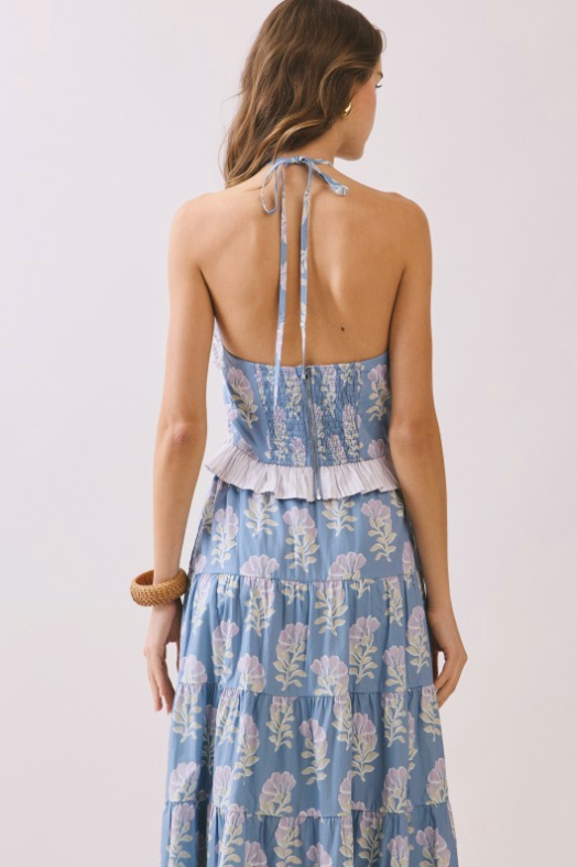 Floral Print Keyhole Neck Ruffle Trim Halter Top