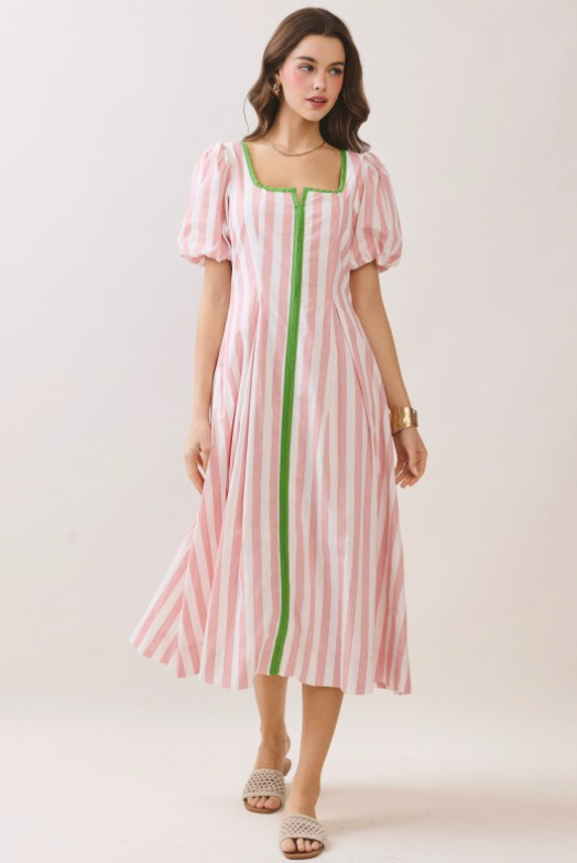 Striped Contrast Piping Detail Square Neck Dress