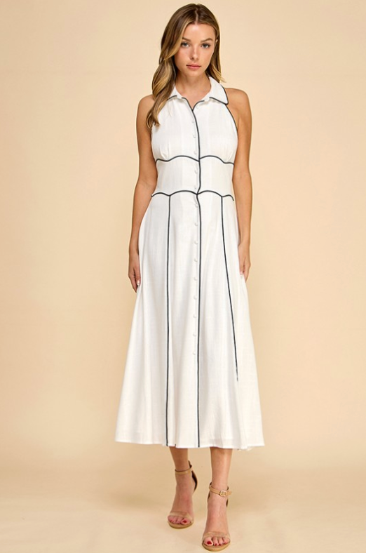 Contrast Piping Detail Midi Dress With Shirt Neck