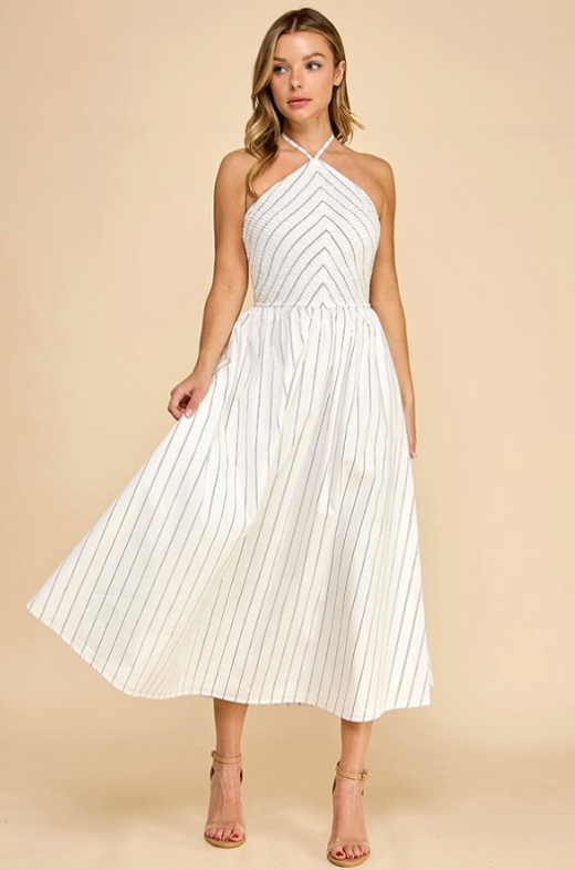 Stripe Halter Neckline Midi Dress