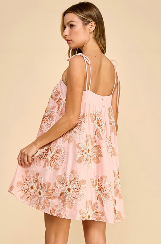 Embroidery Mini Dress With Ribbon Strap Detail