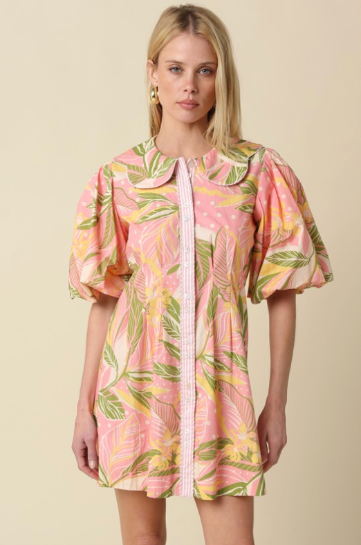 Nia Tropical Puff Sleeve Mini Dress