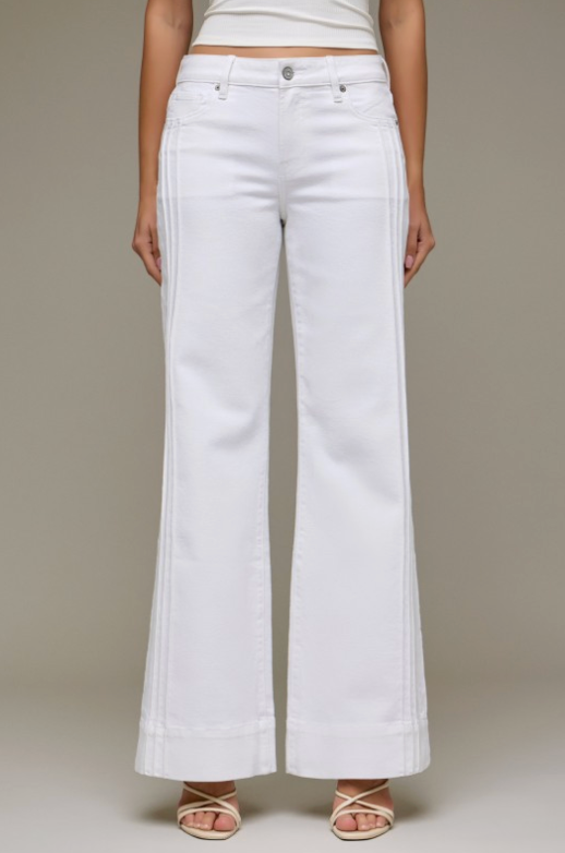 White Denim Pintuck Mid Rise Comfort Flare