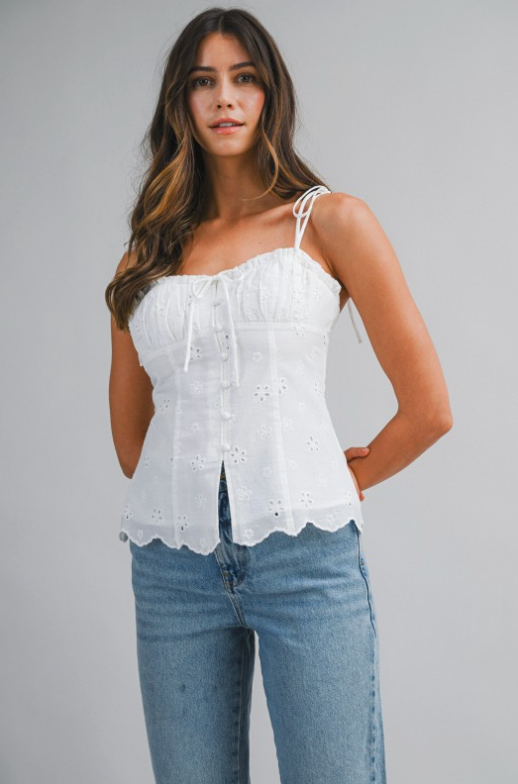 Eyelet Embroidered Shoulder Tie Strap Cami Top