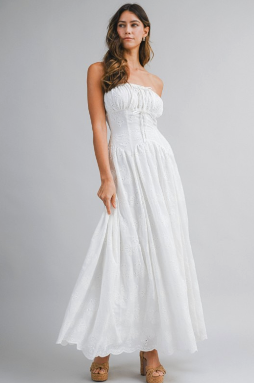 Eyelet Strapless Ruched Front Bow Tube Maxi Dress