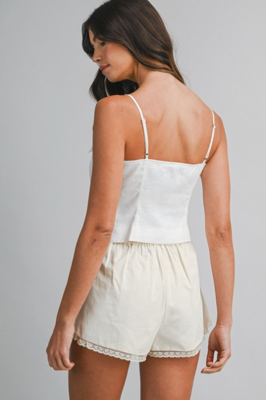 Linen Button Front Cami Top With Front Tie Detail