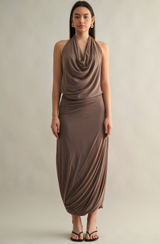 Cowl Halter Neck Dress With Draped Tulip Hem