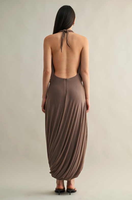 Cowl Halter Neck Dress With Draped Tulip Hem