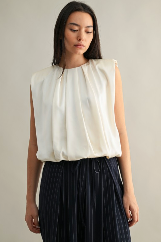 Satin Shoulder Padded Pleated Sleeveless Top