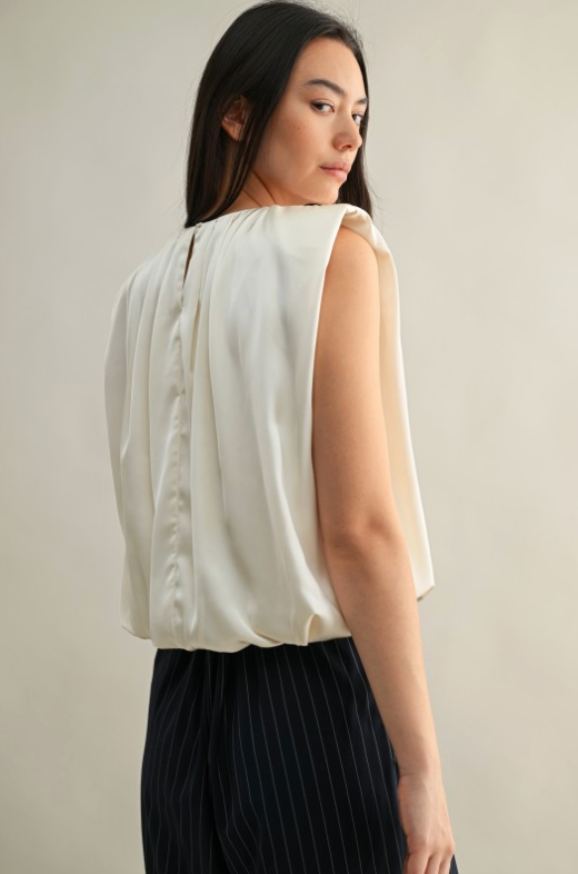 Satin Shoulder Padded Pleated Sleeveless Top