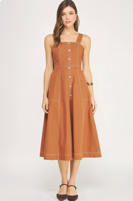 Contrast Top Stitch Detail Sleeveless Midi Dress