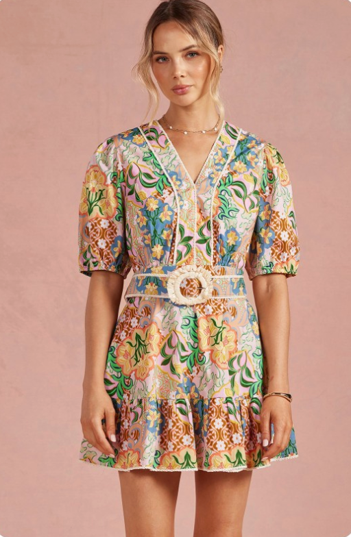 Garden Party Puff Sleeve Belted Cotton Mini Dress