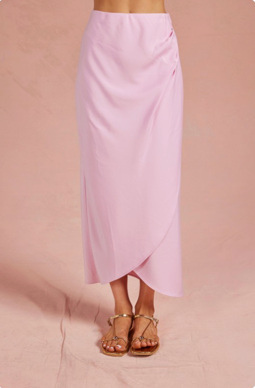 Asymmetric Wrap Style Satin Midi Skirt