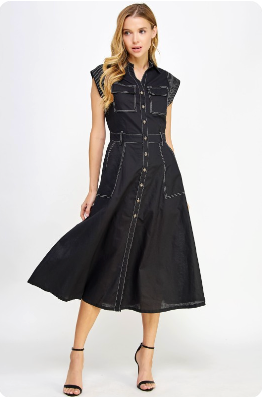 Top-stitch Sleeveless Linen Midi Dress