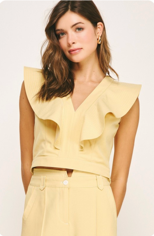 Top Stitch Ruffle Detail V-neck Top