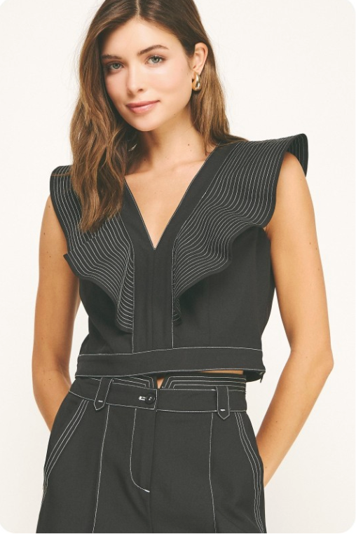 Top Stitch Ruffle Detail V-neck Top