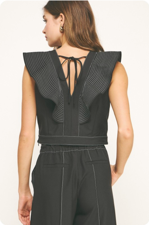 Top Stitch Ruffle Detail V-neck Top