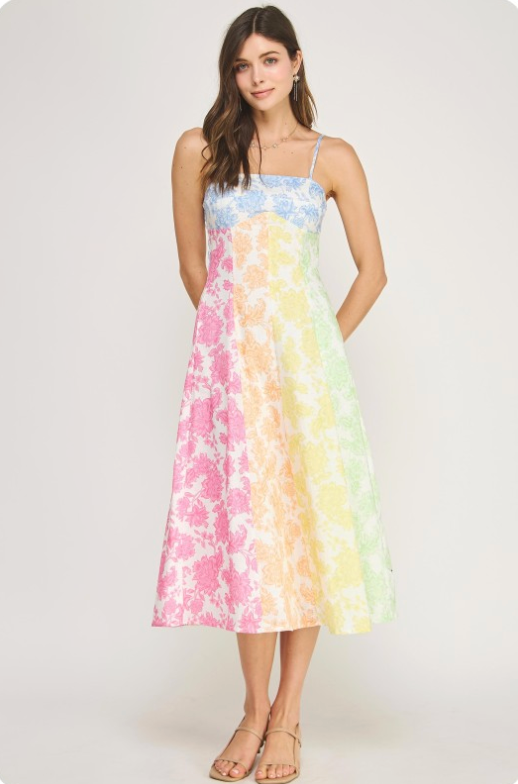 Botanical Garden Print Block Sleeveless Midi Dress