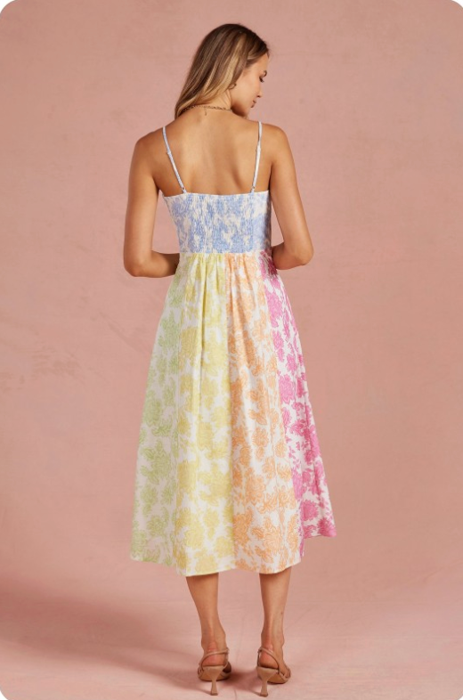 Botanical Garden Print Block Sleeveless Midi Dress