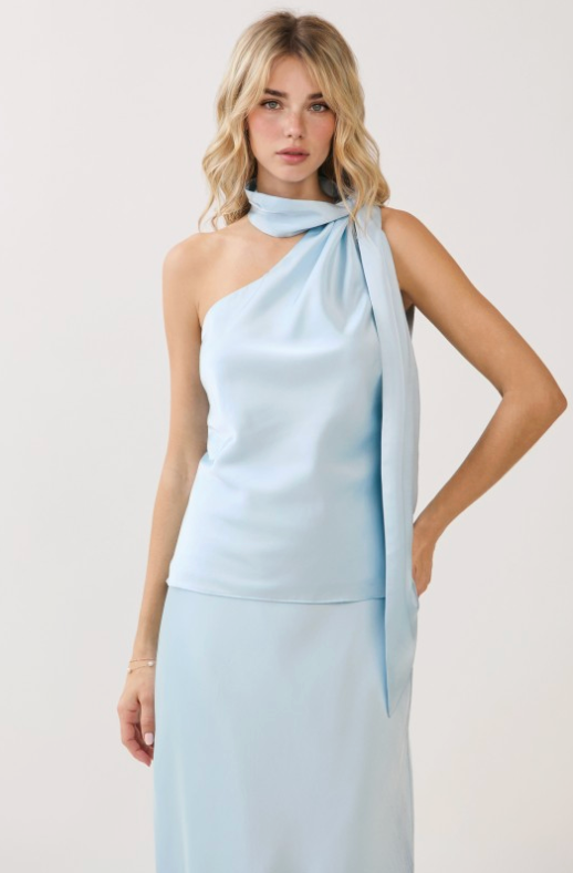 Scarf Neck Accent Open Back Satin Top
