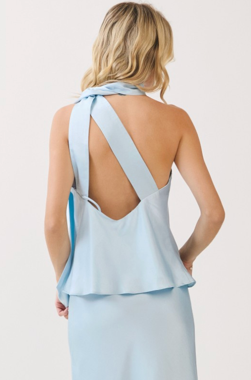 Scarf Neck Accent Open Back Satin Top