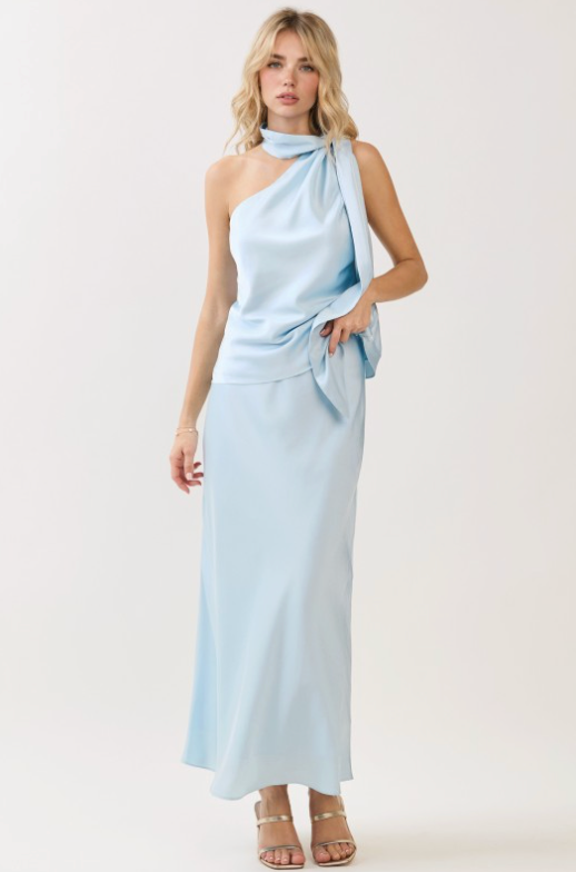 Solid Satin Side Zipper Closure A Line Maxi Skirt