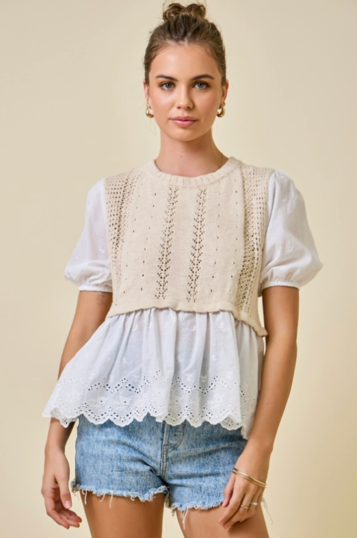 Top With Knit Vest And Eyelet Sleeves & Hem