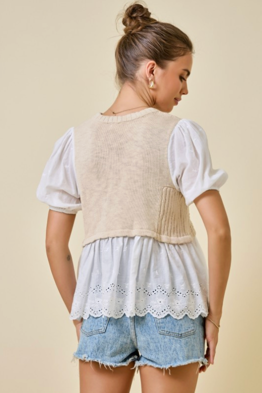 Top With Knit Vest And Eyelet Sleeves & Hem