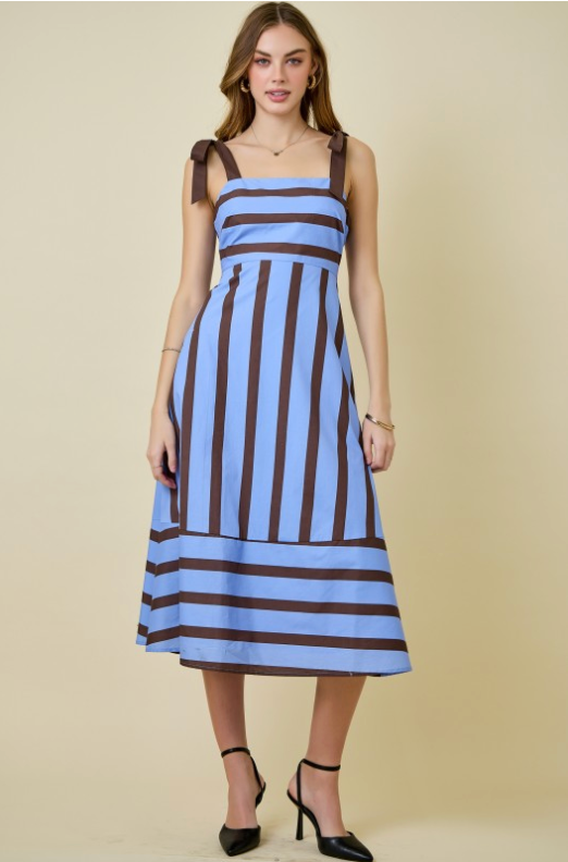 Striped Tiered Midi Maxi Dress With Tie Detail